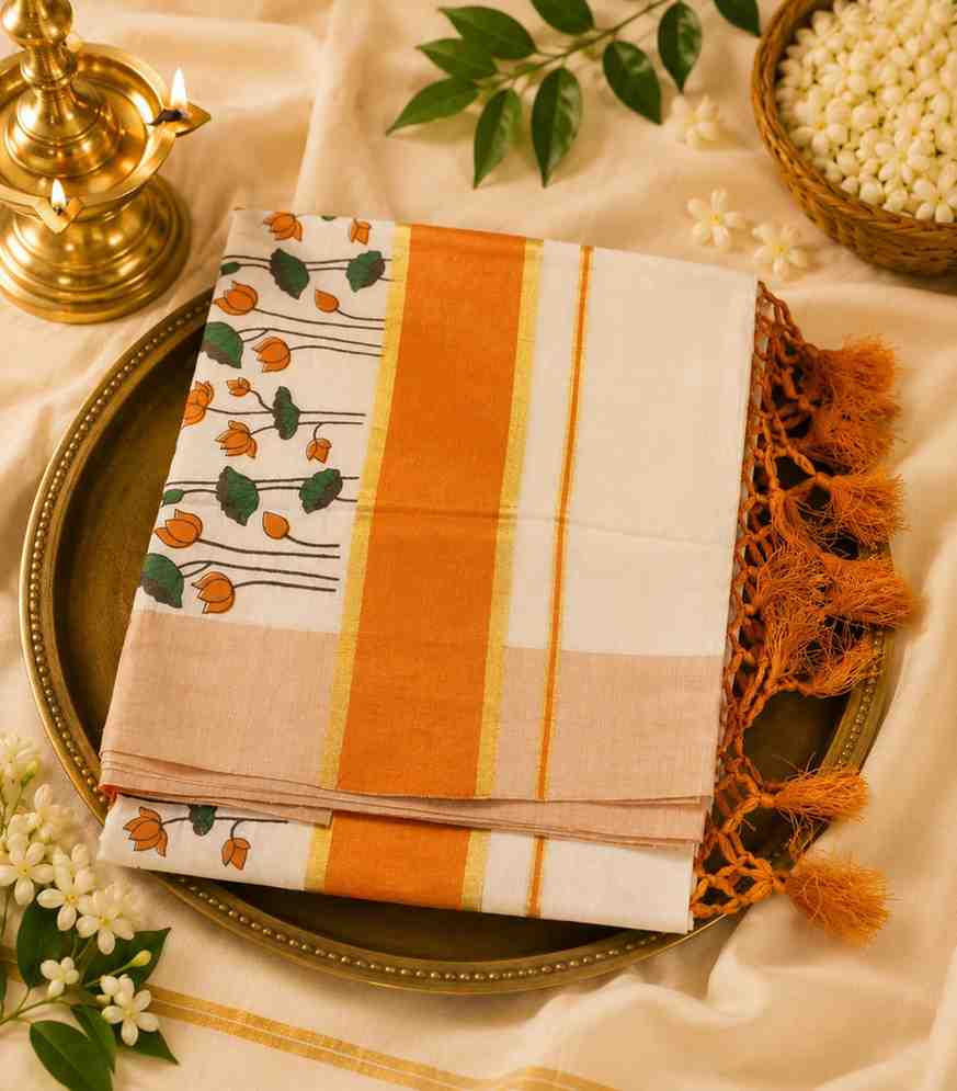2306 Onam Special Collection Kerala Tissue Orange Border and Floral Prints with Tussels