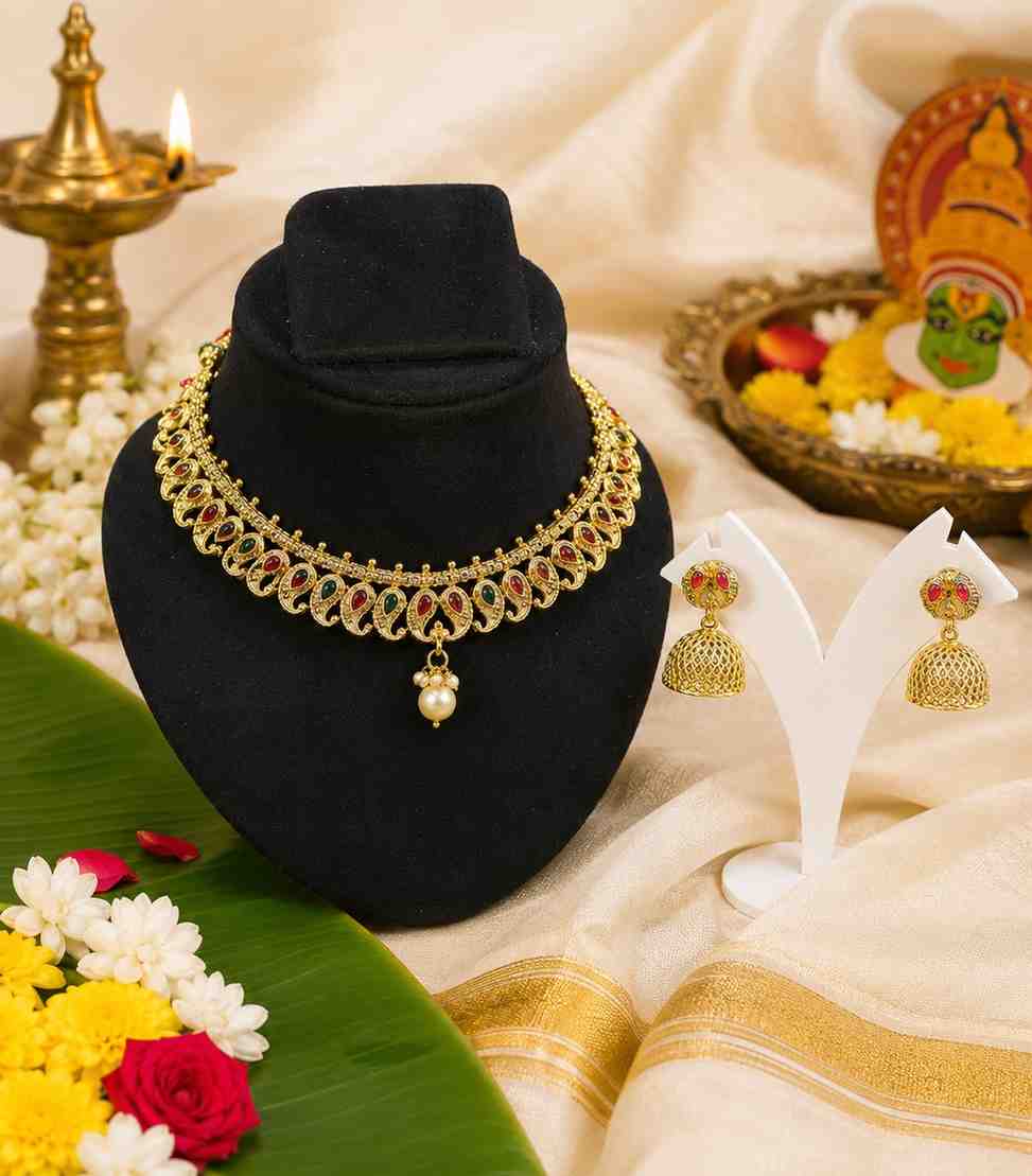 5630 Gold Plated Kerala Choker Necklace Set in Mango Design with Ruby Stones and Pearl Drops