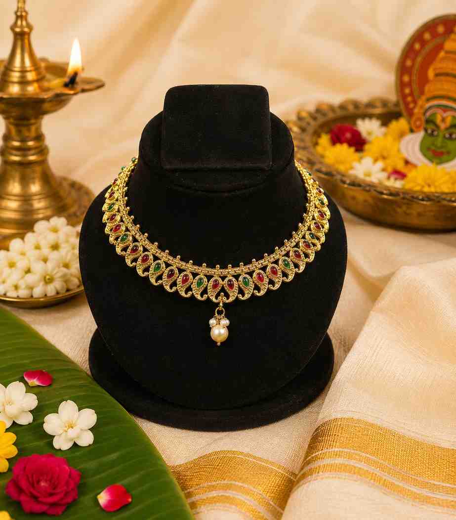 5630-gold-plated-kerala-choker-necklace-set-in-mango-design-with-ruby-stones-and-pearl-drops