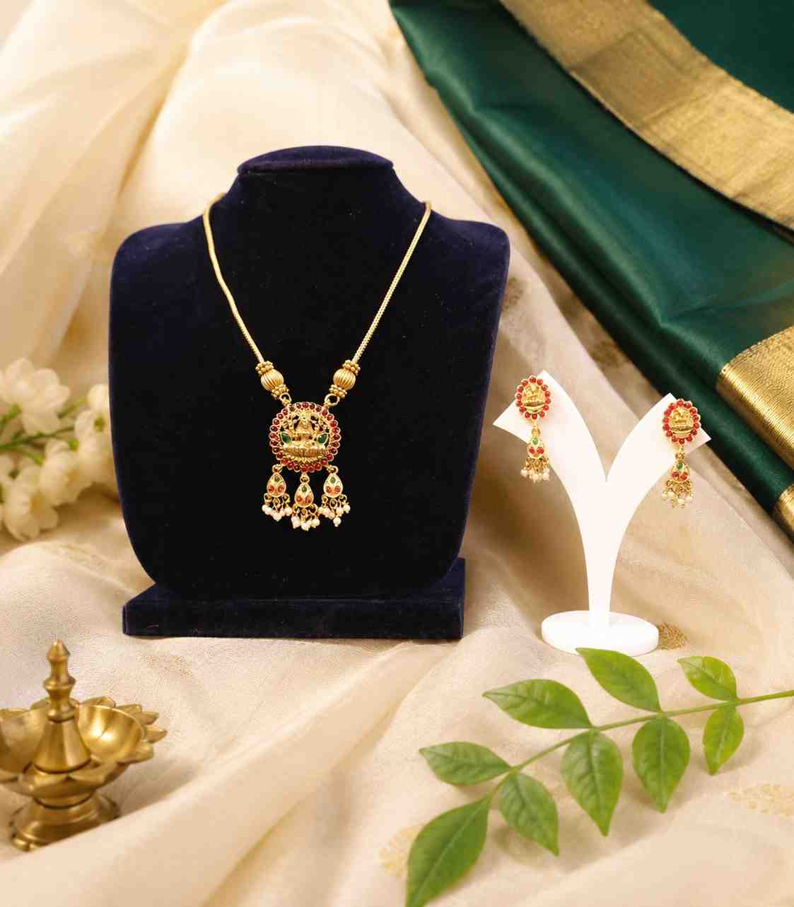 5632 Traditional Gold-Plated Lakshmi Temple Jewelry Set with Ruby-Green Stones & Pearl Drops