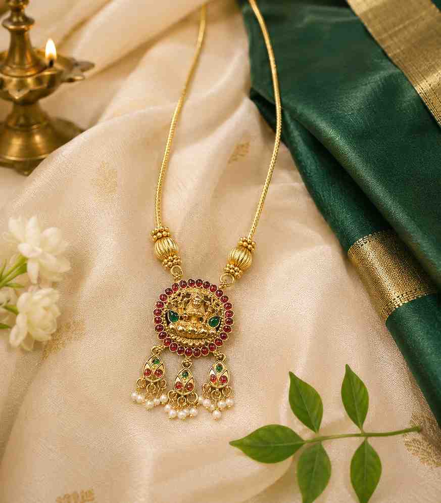 5632 Traditional Gold-Plated Lakshmi Temple Jewelry Set with Ruby-Green Stones & Pearl Drops