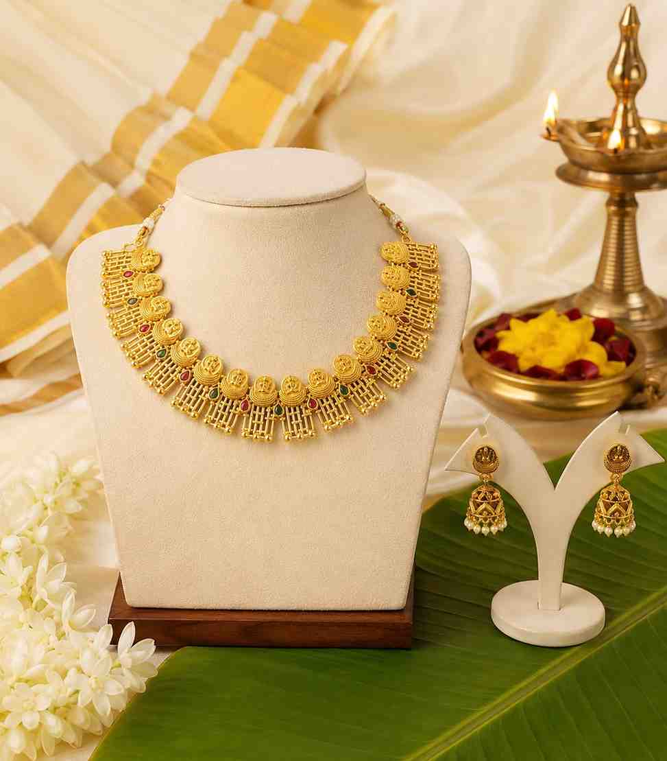 5637 Traditional Lakshmi Kasu Mala Necklace in Gold Finish Temple Jewelry with Ruby & Emerald Stones and Jhumkas