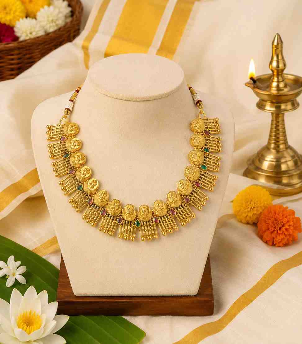 5637 Traditional Lakshmi Kasu Mala Necklace in Gold Finish Temple Jewelry with Ruby & Emerald Stones and Jhumkas