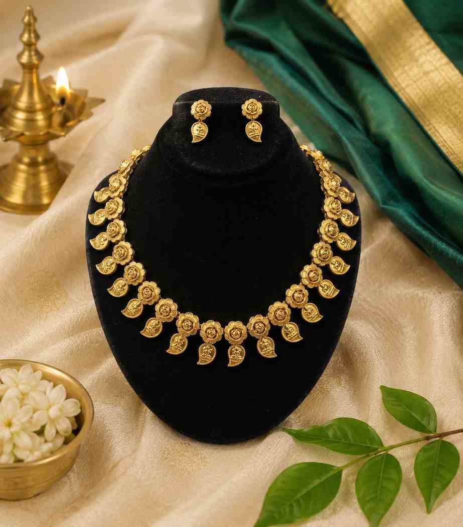 5635 Antique Gold Plated Floral Mango Choker Necklace Set with Earrings