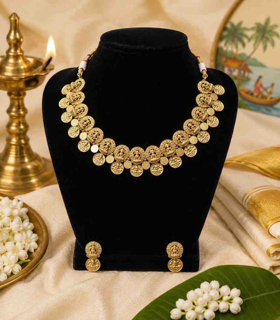 5639 Classic Kerala Kasumala Choker in Antique Gold Temple Jewelry Set