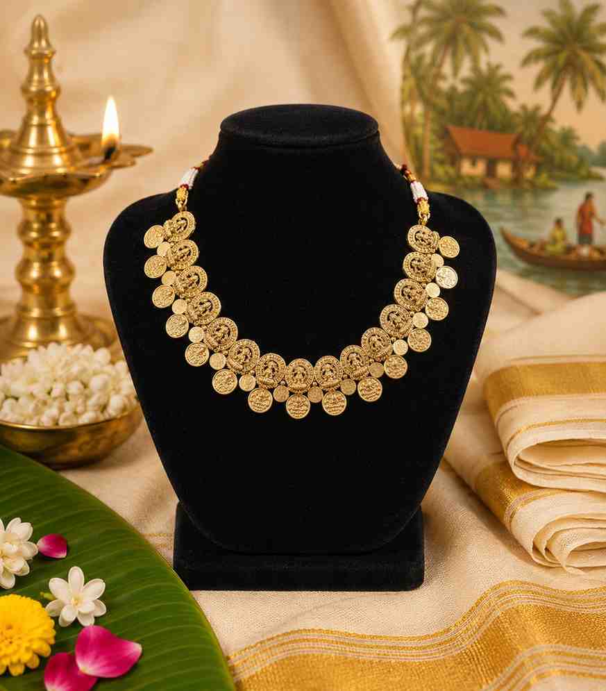 5639 Classic Kerala Kasumala Choker in Antique Gold Temple Jewelry Set