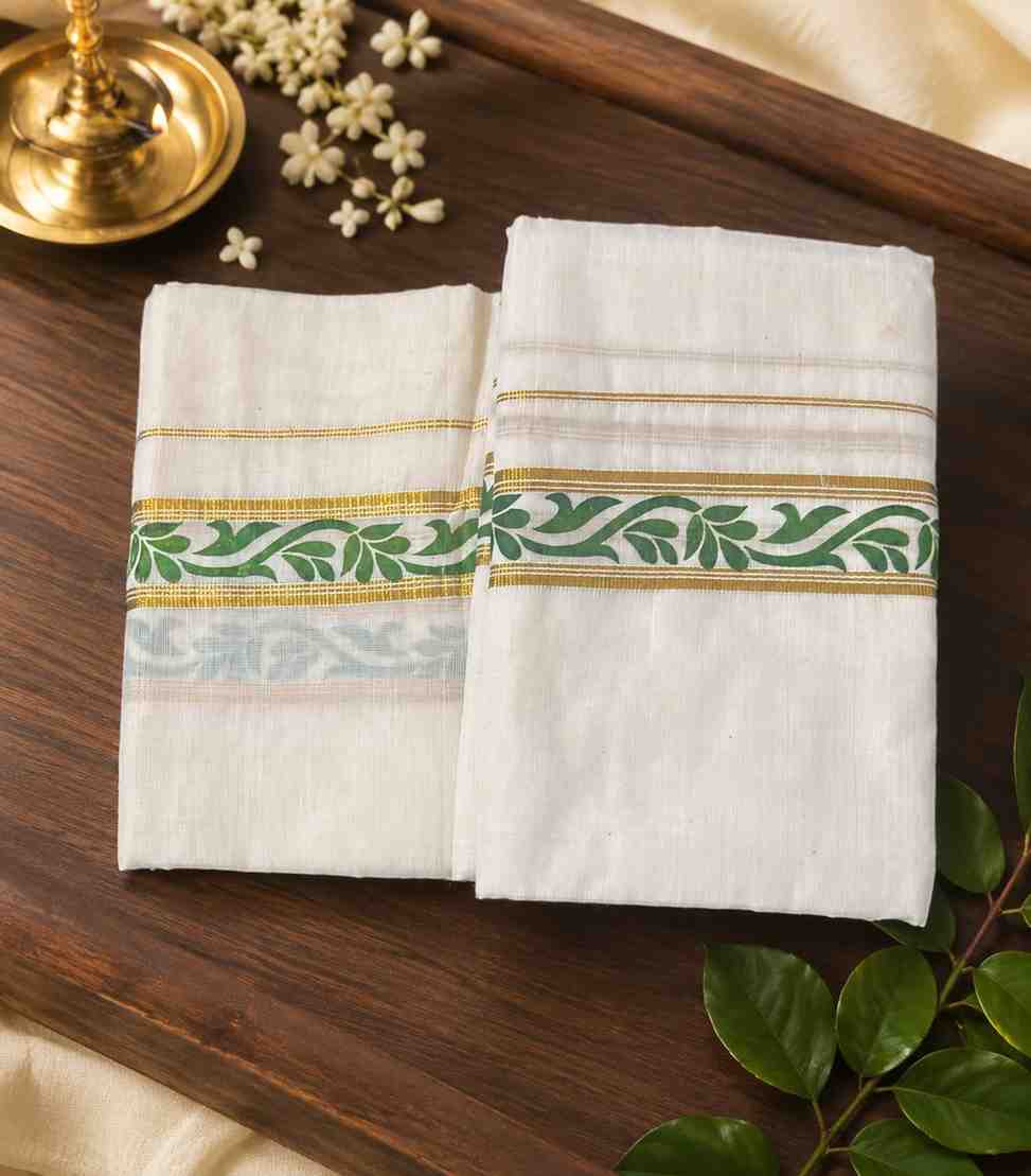 2336 Kerala Kasavu Set Mundu with Green Floral Leaf Border