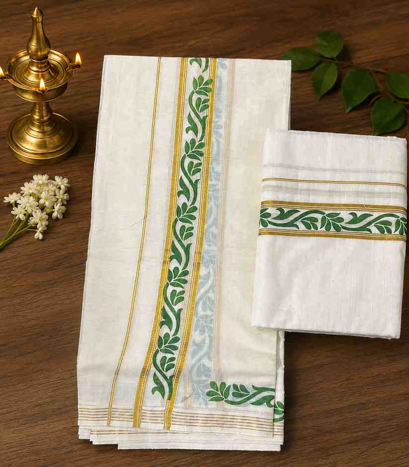 2336-kerala-kasavu-set-mundu-with-green-floral-leaf-border