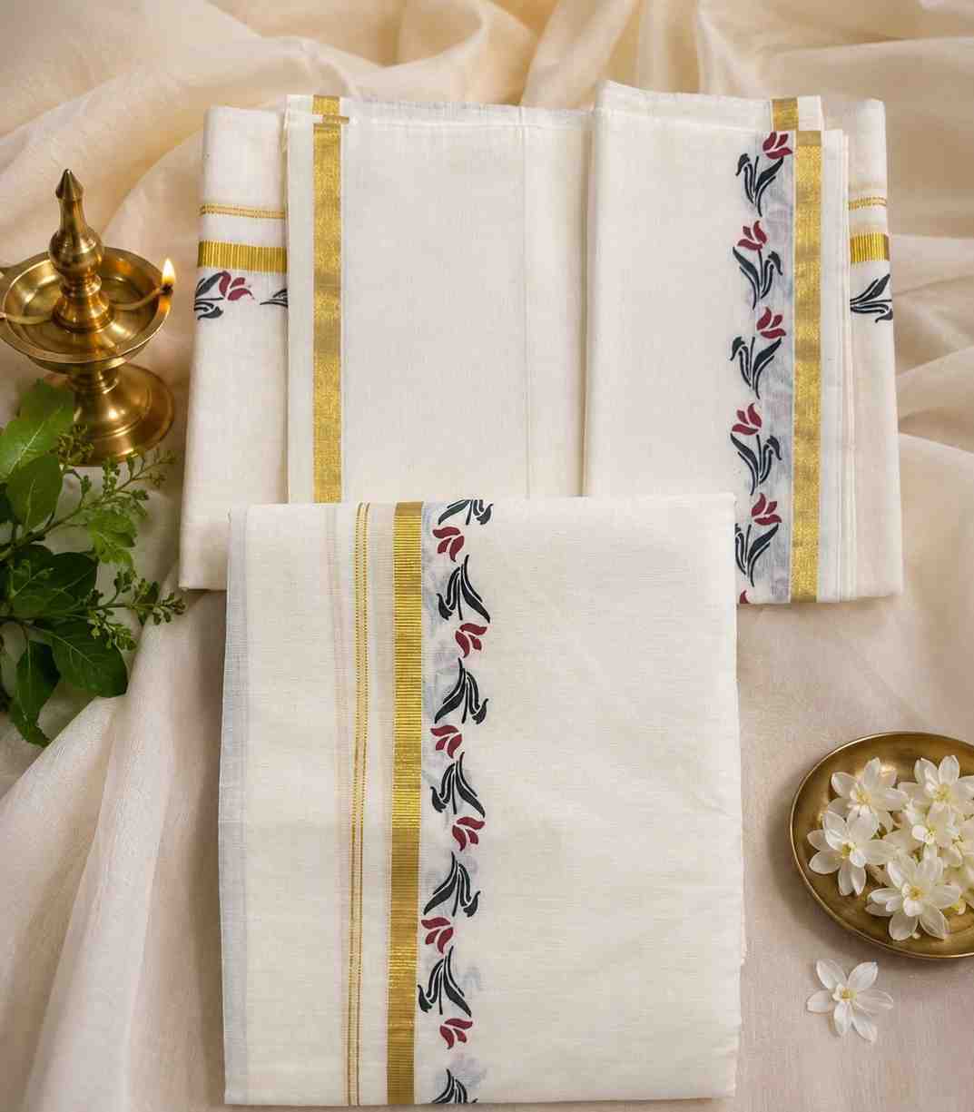 2336 Kerala Kasavu Set Mundu with Maroon Floral and Leaf Border