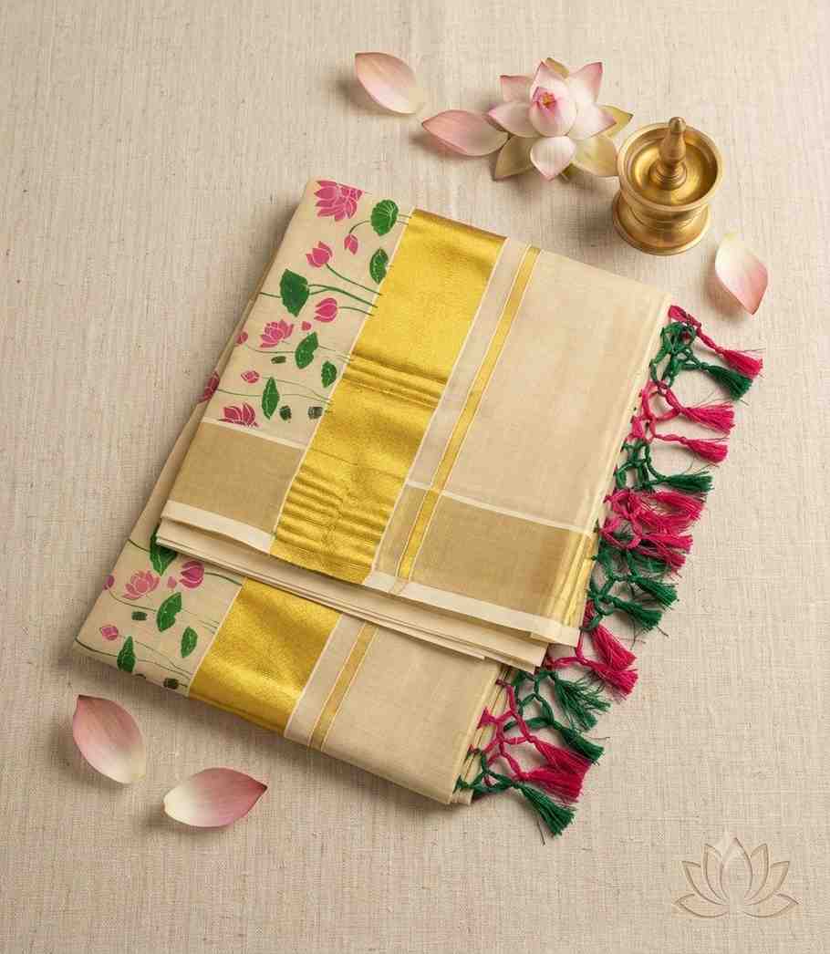 2333-onam-special-collection-kerala-tissue-majenta-lotus-floral-block-print-and-golden-zari-border-with-tussels