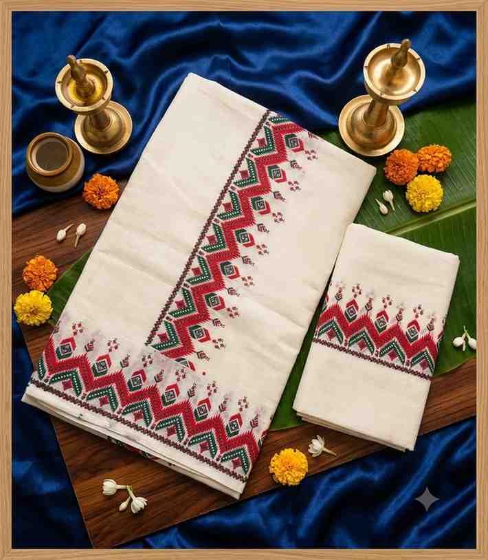 2229 Kerala Set Mundu with Red and Green Tribal Temple Motif Border