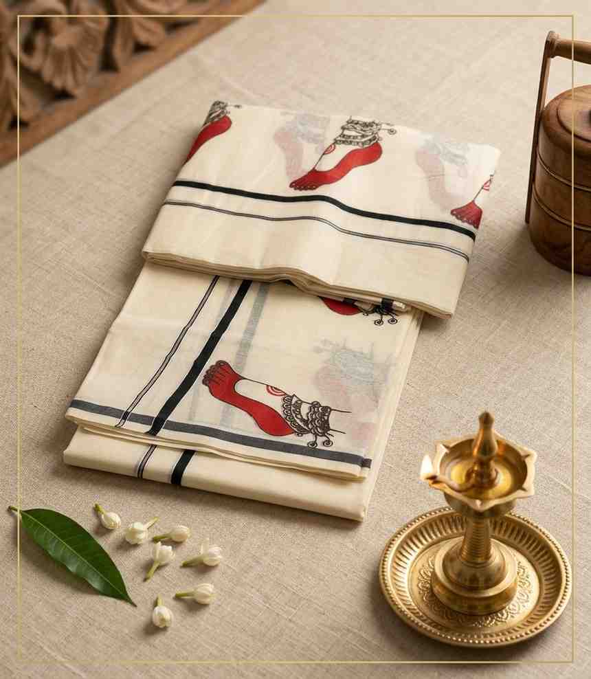 2334 Chilanka Printed Kerala Set Mundu with Black Puliyilakkara Border