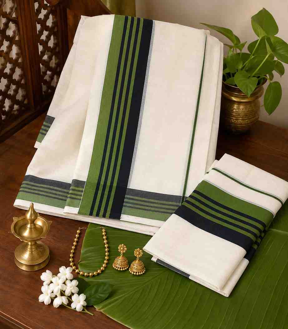 2340 Kerala Set Mundu in Green and Black Striped Border