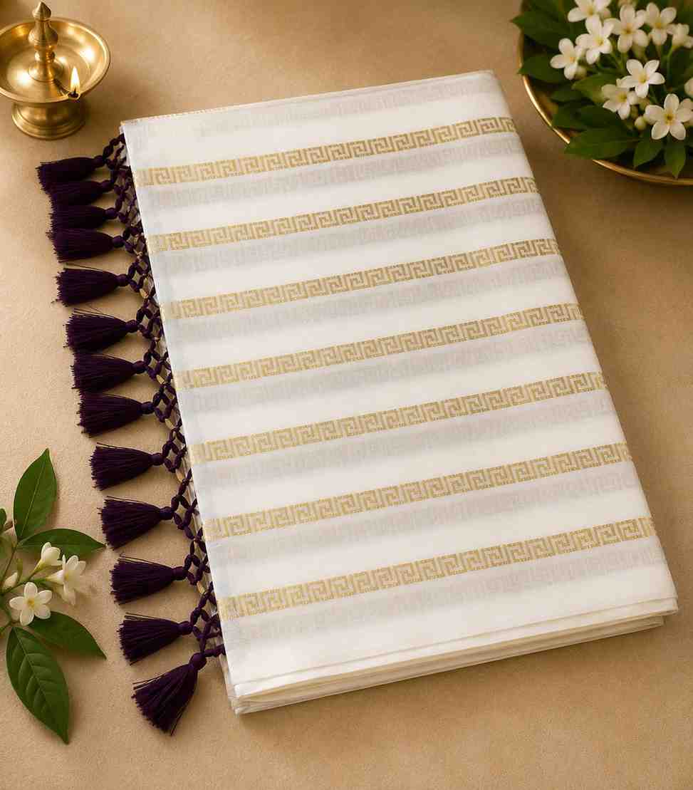 2332 Premium Kasavu Saree with Gold Zari Stripes & Purple Tassels
