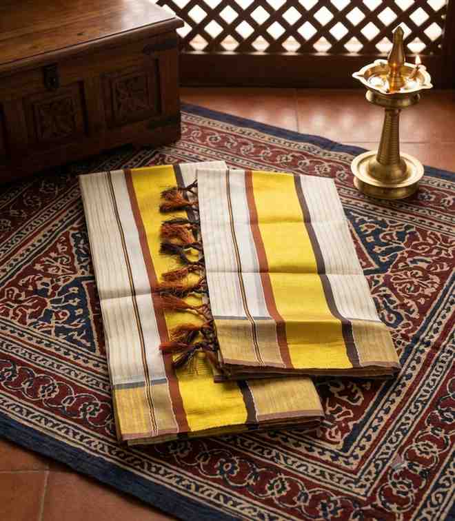 2337 Premium Cotton Kerala Set Mundu with Stripes Across Body and Rust Orange Brown Border with Golden Kasavu