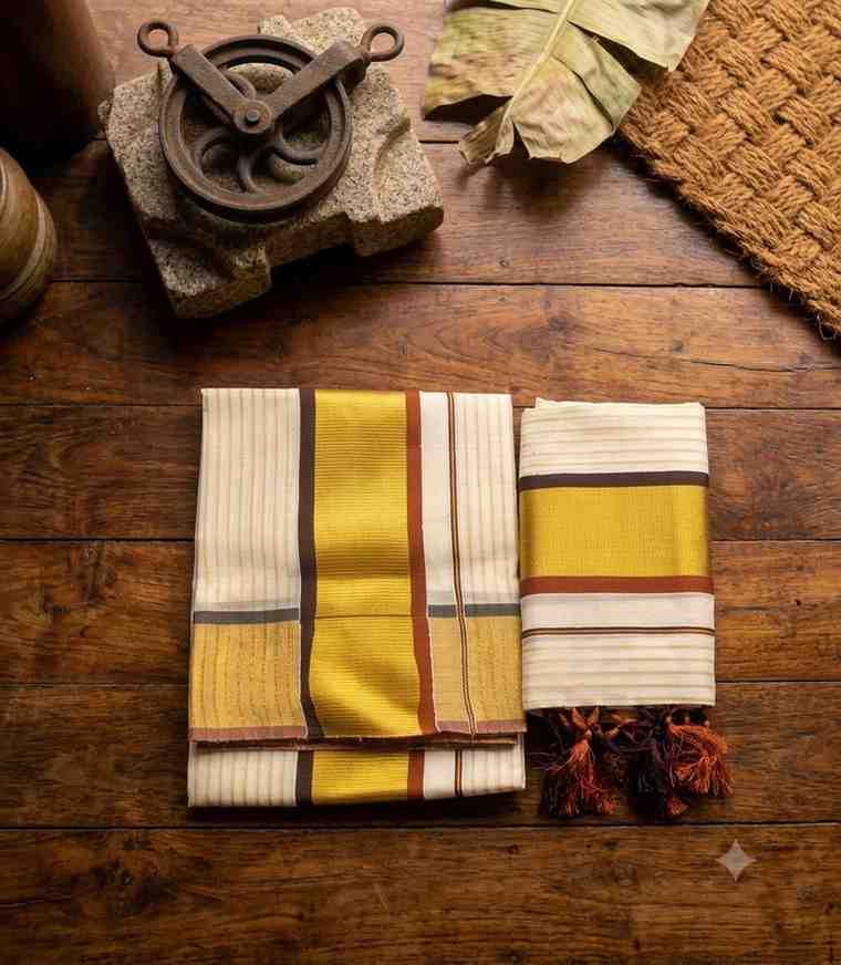2337 Premium Cotton Kerala Set Mundu with Stripes Across Body and Rust Orange Brown Border with Golden Kasavu