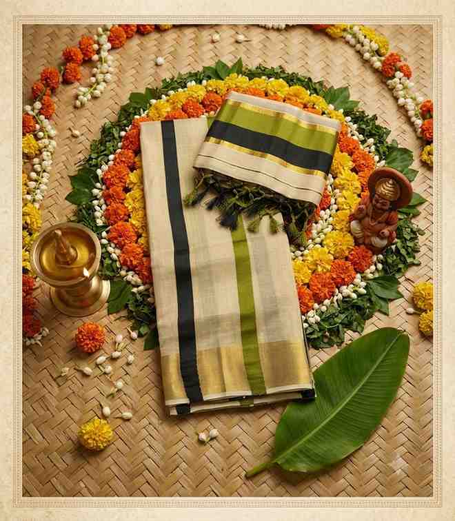 2339 Premium Kerala Kasavu Tissue Set Mundu – Elegant Black & Olive Green Dual Stripes on Body and Kasavu Border with Tassels