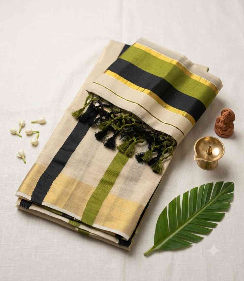 2339-premium-kerala-kasavu-tissue-set-mundu-elegant-black-olive-green-dual-stripes-on-body-and-kasavu-border-with-tassels