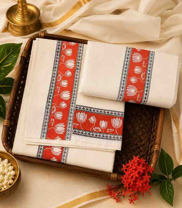 2338 Kerala Cotton Set Mundu with Orange Lotus Block Print Border