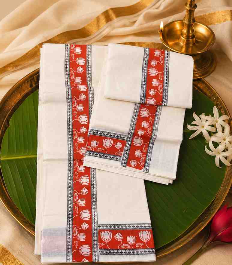 2338-kerala-cotton-set-mundu-with-orange-lotus-block-print-border