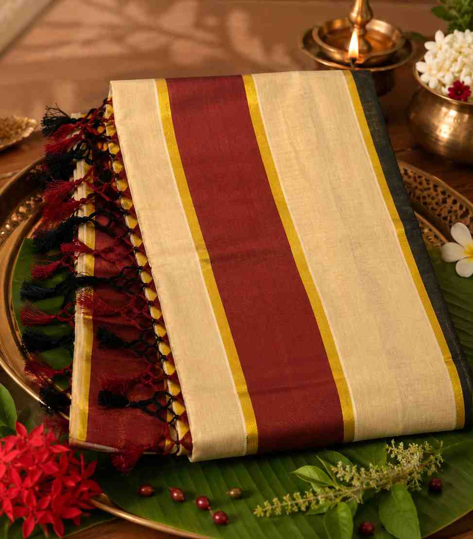 2331 Premium Kerala Kasavu Tissue Saree – Elegant Black & Maroon Dual Stripes on Body and Kasavu Border with Tassels