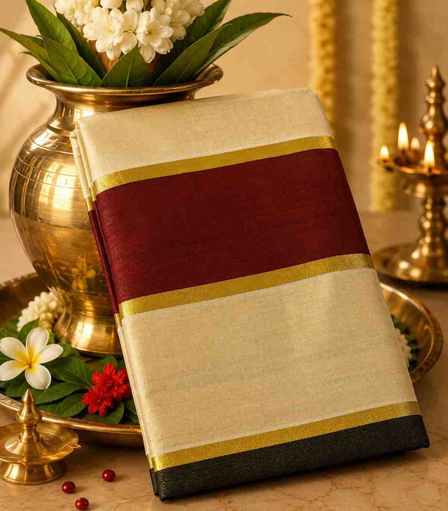 2331 Premium Kerala Kasavu Tissue Saree – Elegant Black & Maroon Dual Stripes on Body and Kasavu Border with Tassels
