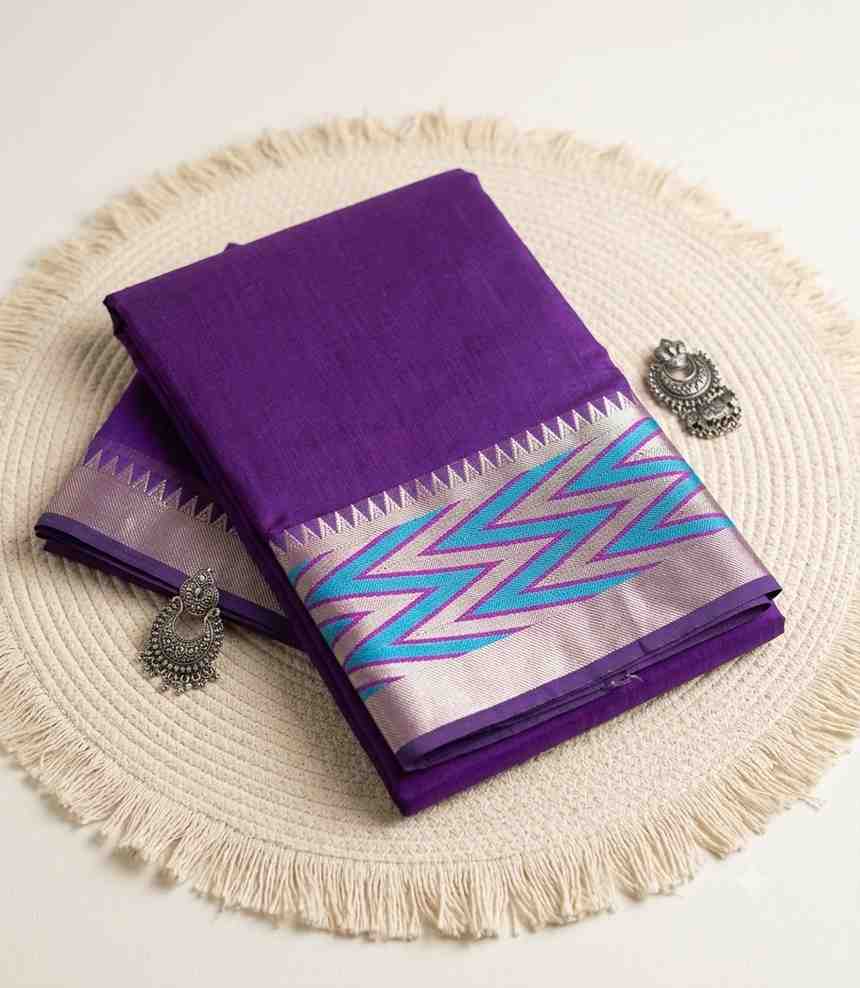 2324 Purple Cotton Silk Saree with Geometric Metallic Border