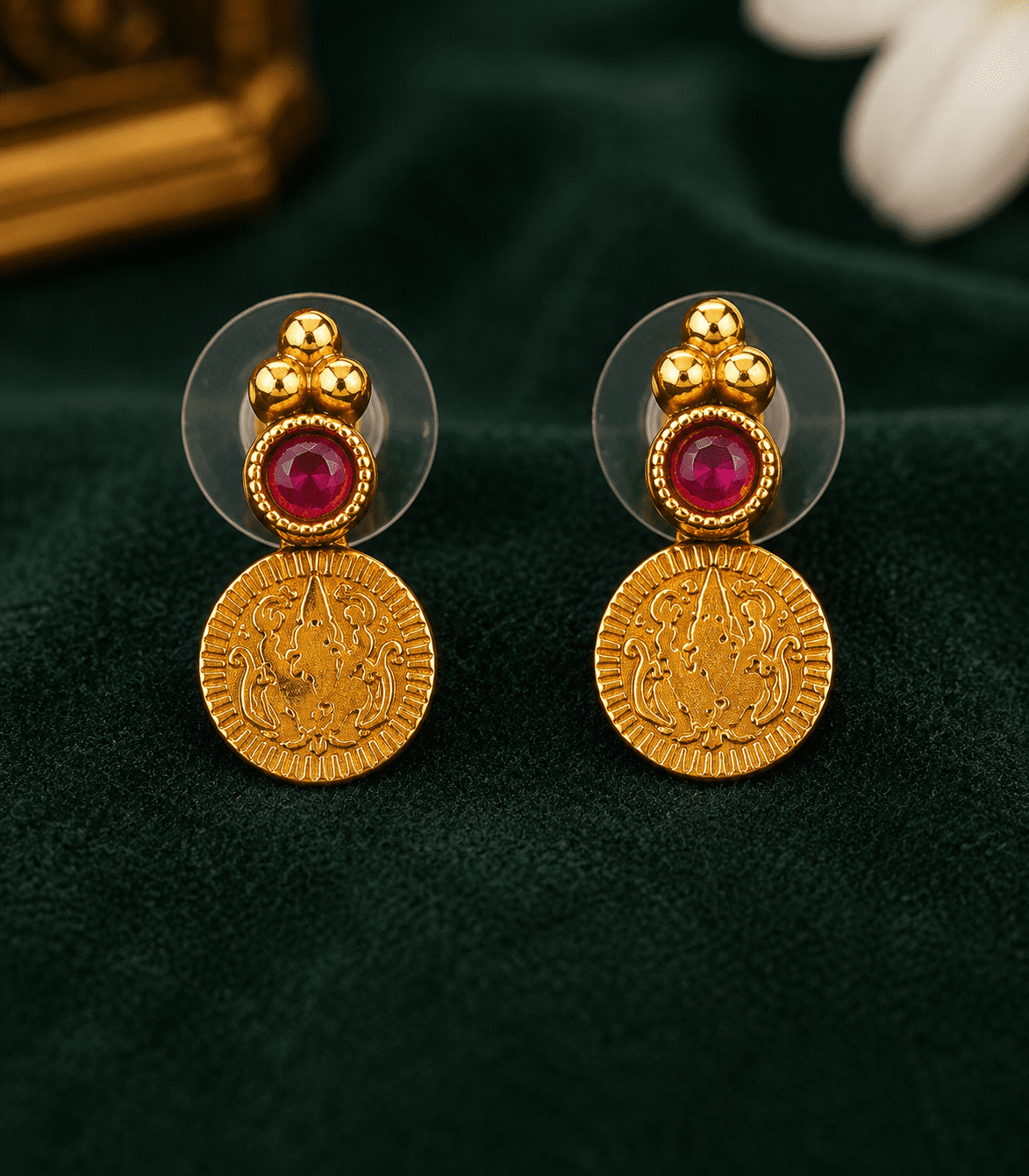 6612 Antique Gold-Plated Double-Layer Lakshmi Kasu Mala Choker Set with Ruby Pink Kemp Stones /Antique Lakshmi Coin Temple Choker Necklace Set