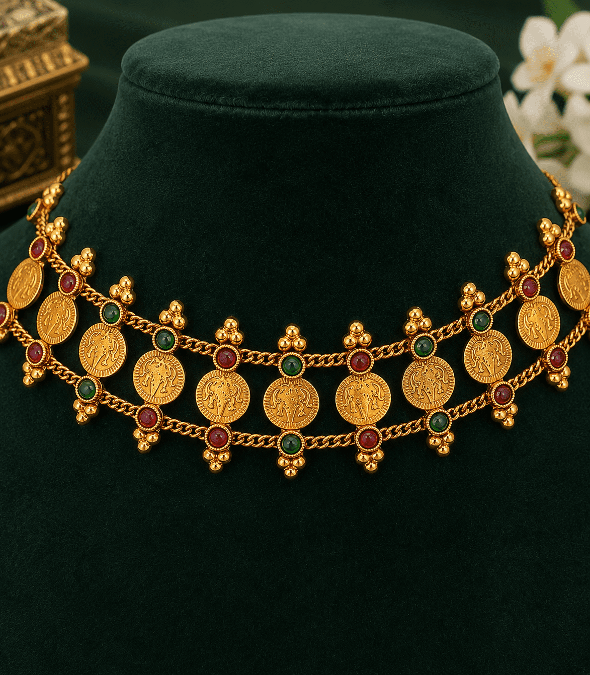 6612 Antique Gold-Plated Double-Layer Lakshmi Kasu Mala Choker Set with Ruby Pink Kemp Stones /Antique Lakshmi Coin Temple Choker Necklace Set